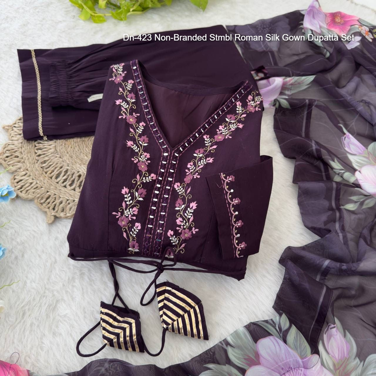 Dn-423 Non-Branded Stmbl Roman Silk Gown Dupatta Set