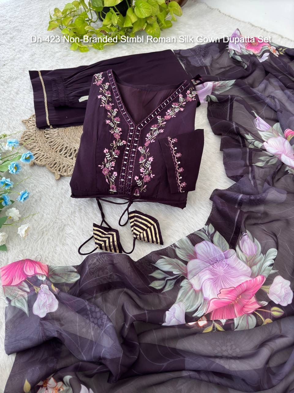 Dn-423 Non-Branded Stmbl Roman Silk Gown Dupatta Set