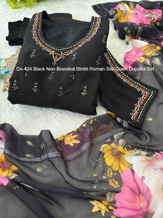 Dn-424 Black Non-Branded Stmbl Roman Silk Gown Dupatta Set