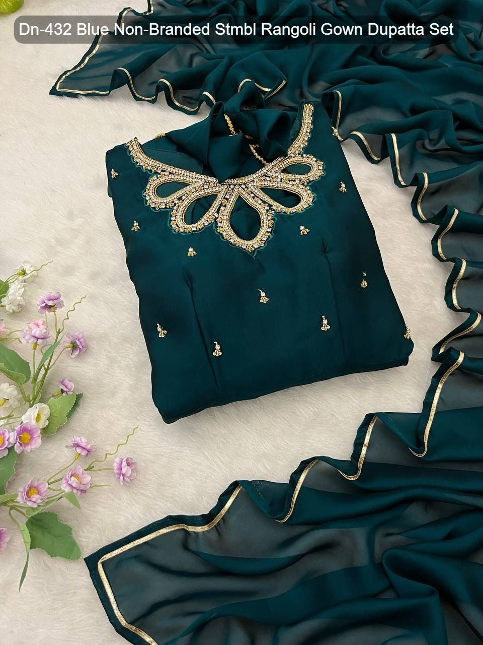 Dn-432 Blue Non-Branded Stmbl Rangoli Gown Dupatta Set