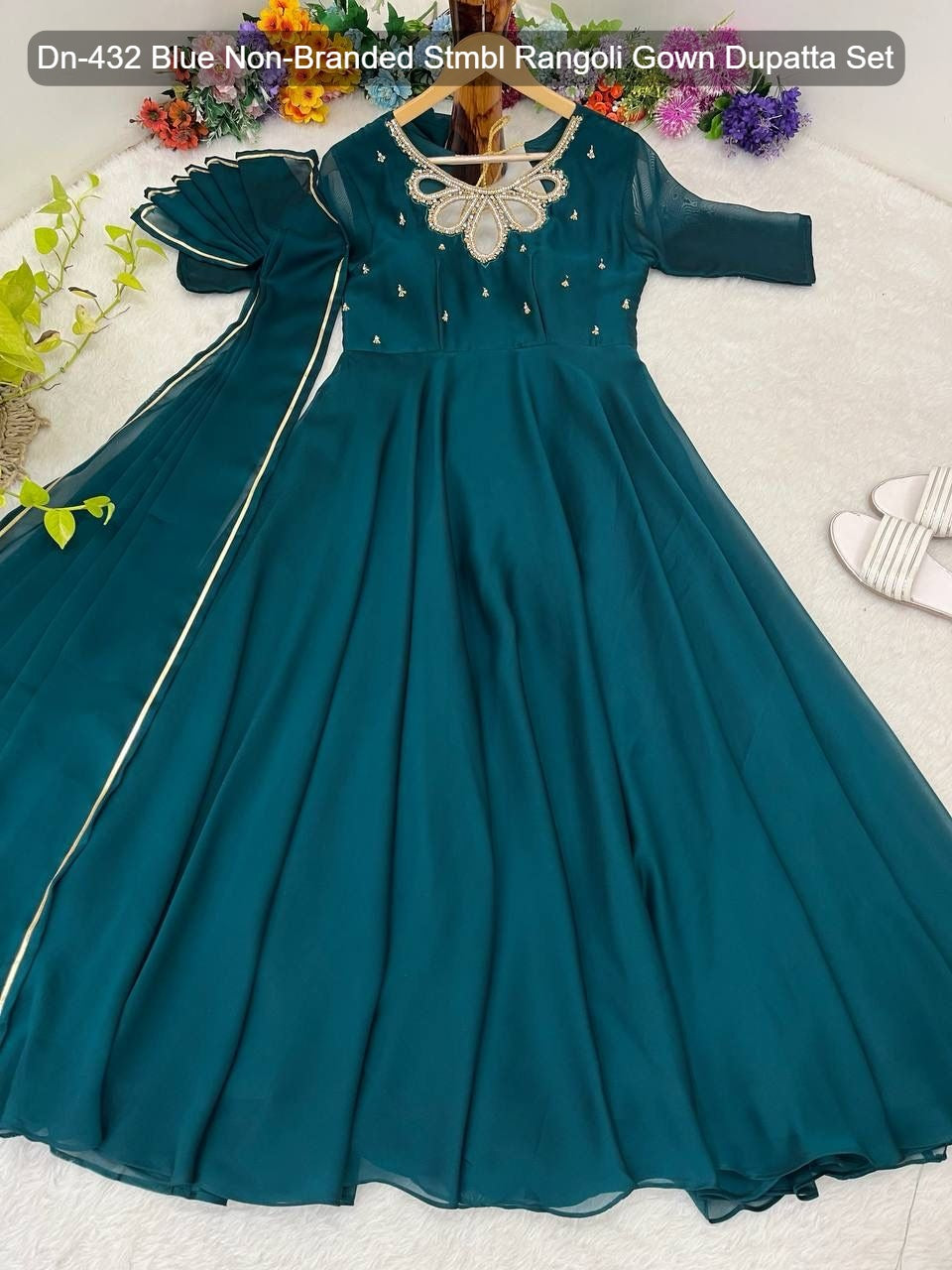 Dn-432 Blue Non-Branded Stmbl Rangoli Gown Dupatta Set