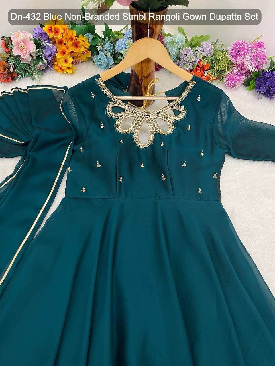 Dn-432 Blue Non-Branded Stmbl Rangoli Gown Dupatta Set