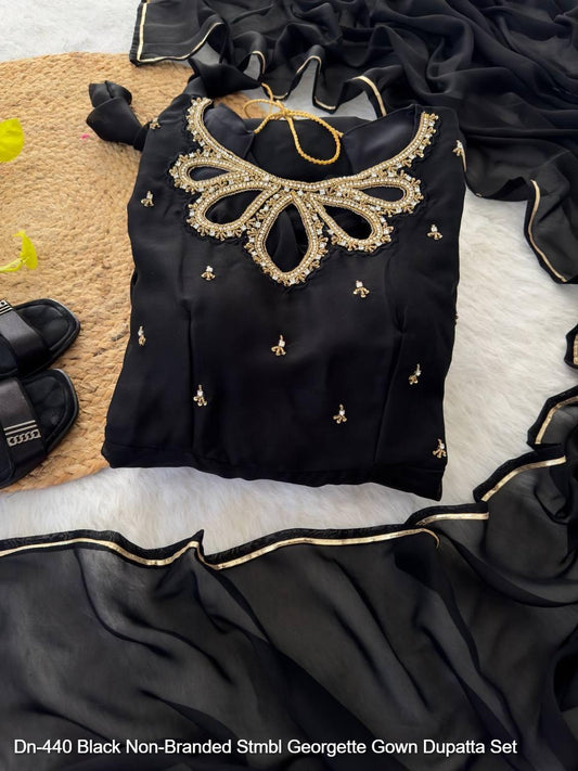 Dn-440 Black Non-Branded Stmbl Georgette Gown Dupatta Set