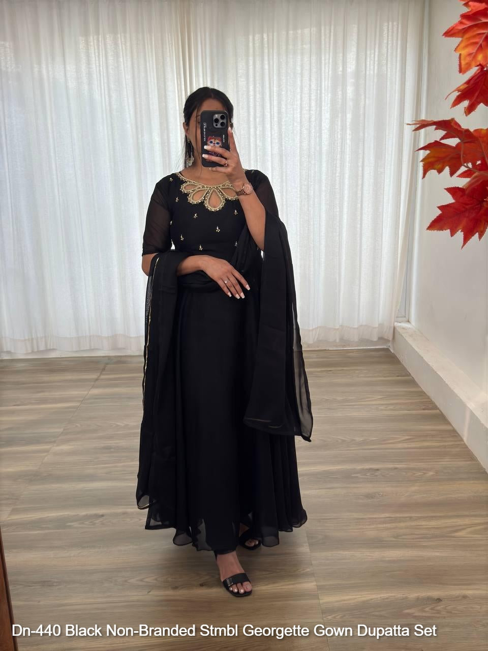 Dn-440 Black Non-Branded Stmbl Georgette Gown Dupatta Set
