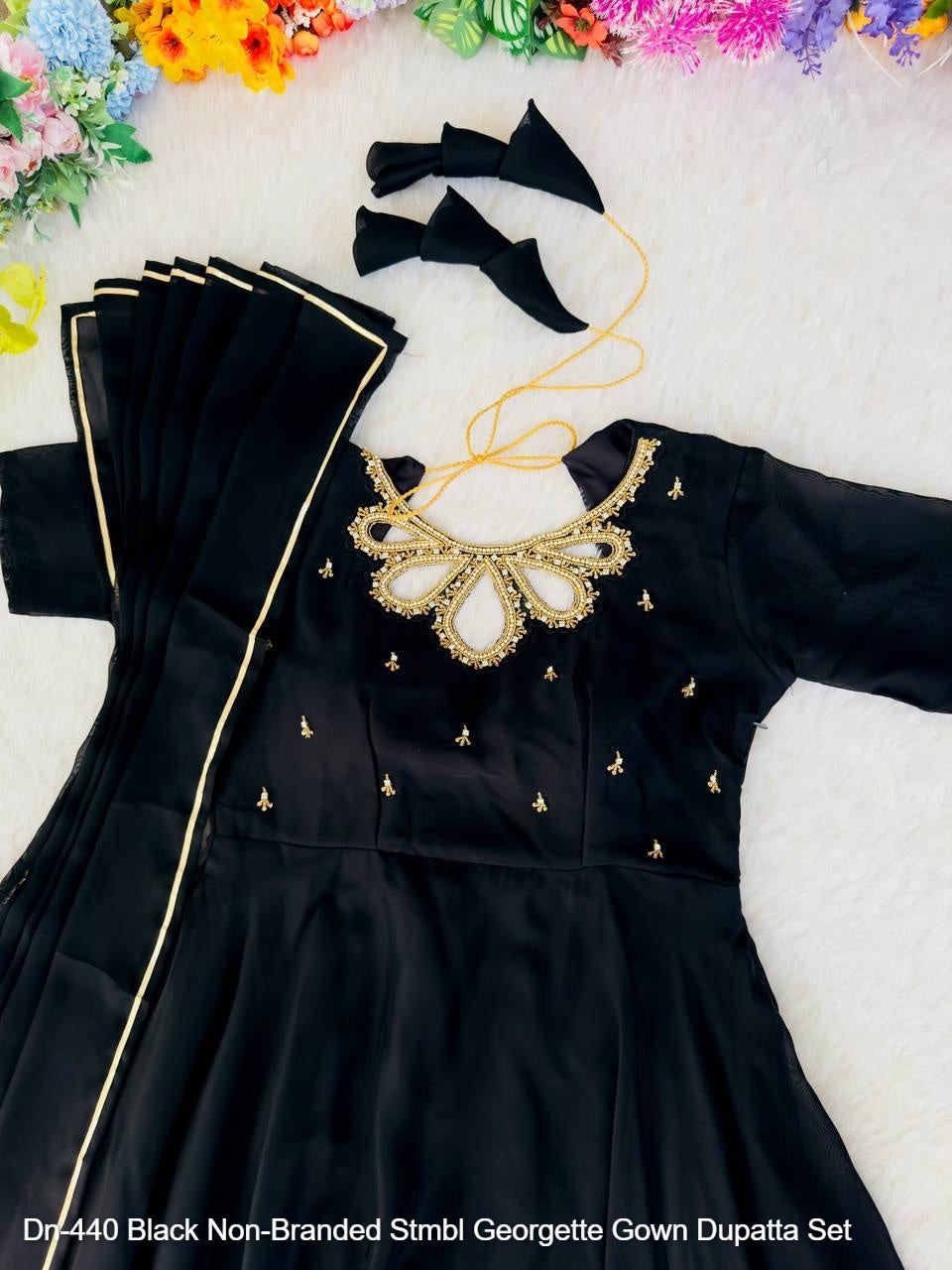 Dn-440 Black Non-Branded Stmbl Georgette Gown Dupatta Set