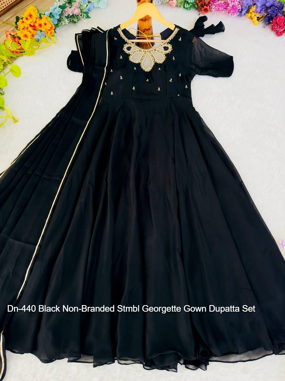 Dn-440 Black Non-Branded Stmbl Georgette Gown Dupatta Set