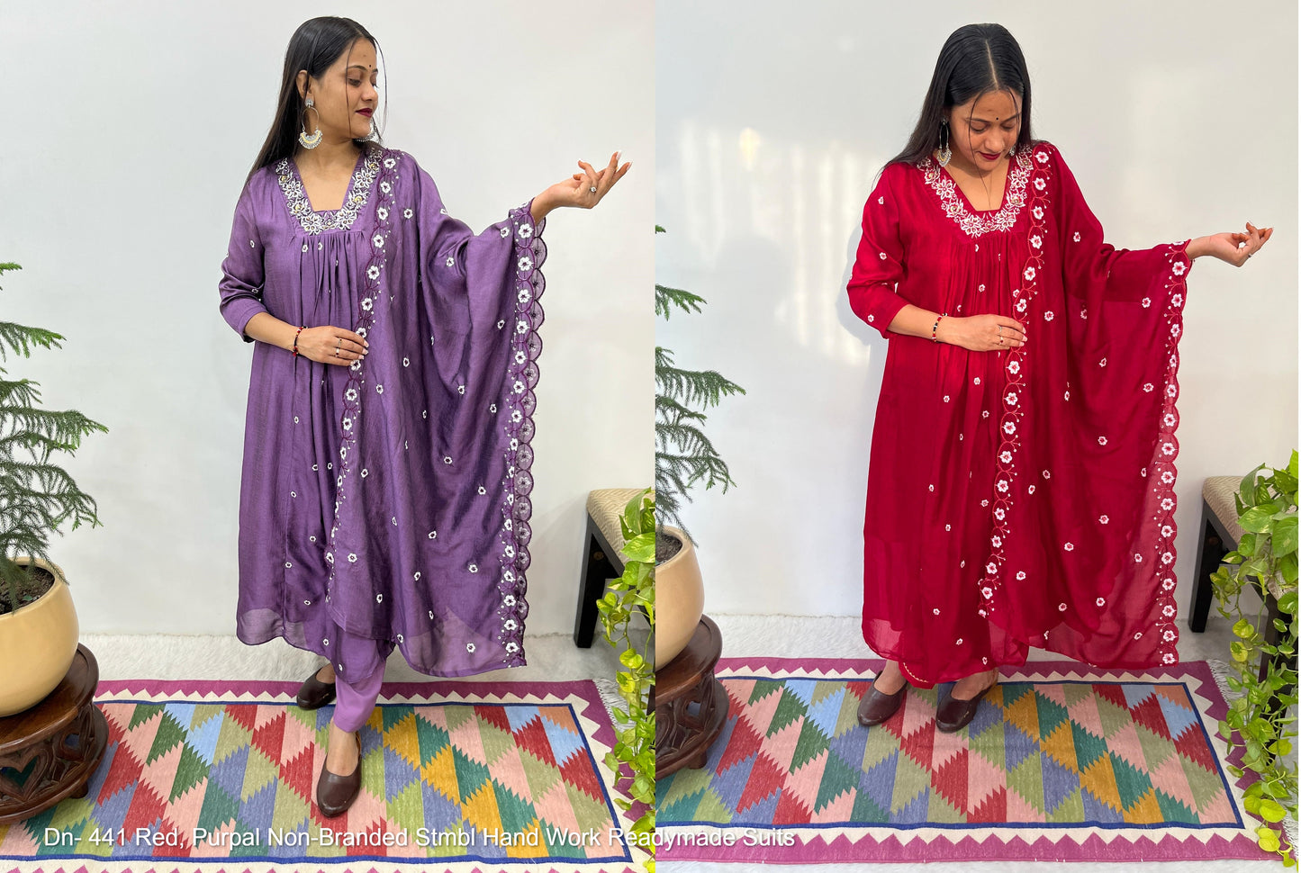 Dn- 441 Red, Purpal Non-Branded Stmbl Hand Work Readymade Suits