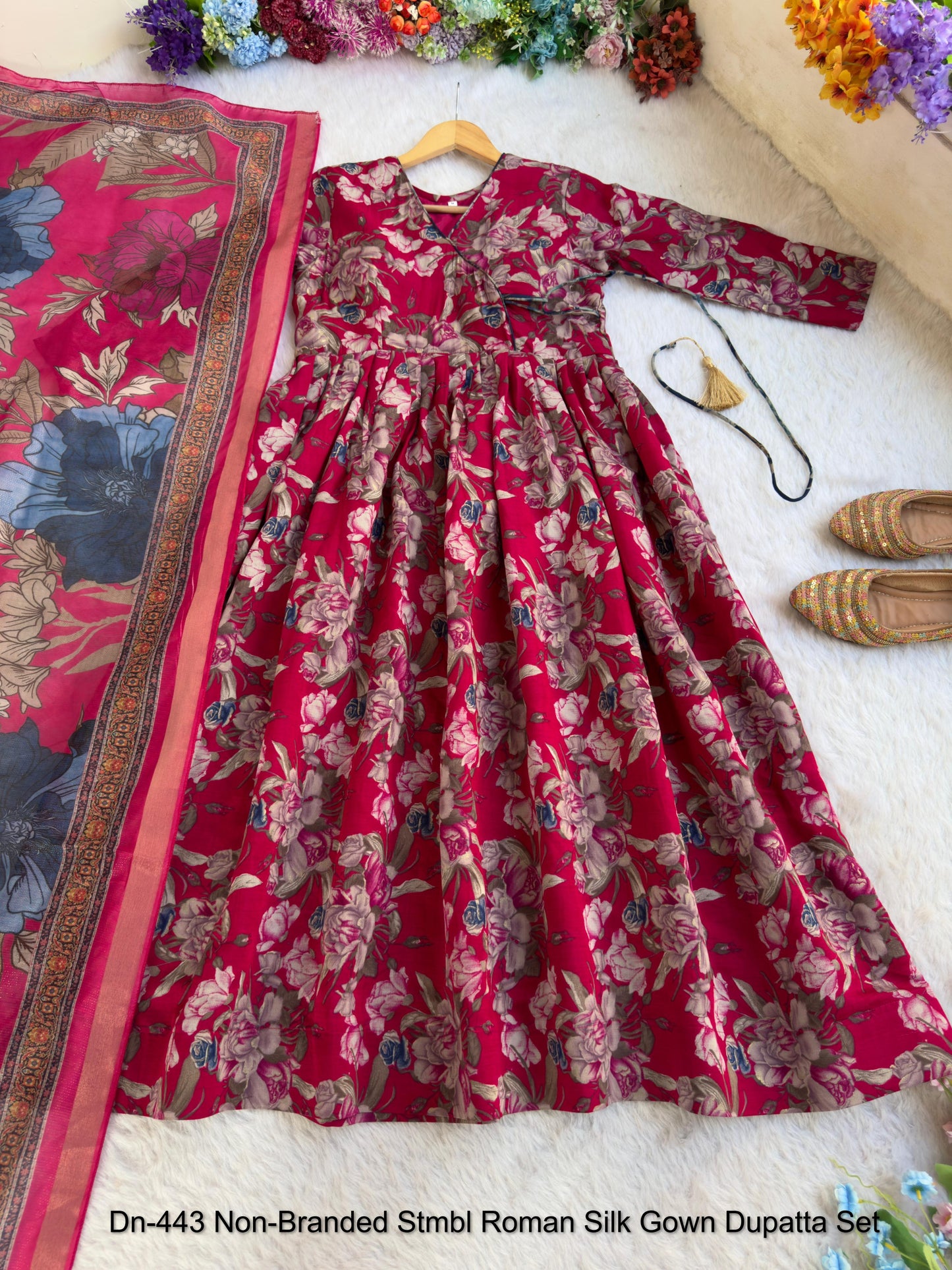 Dn-443 Non-Branded Stmbl Roman Silk Gown Dupatta Set