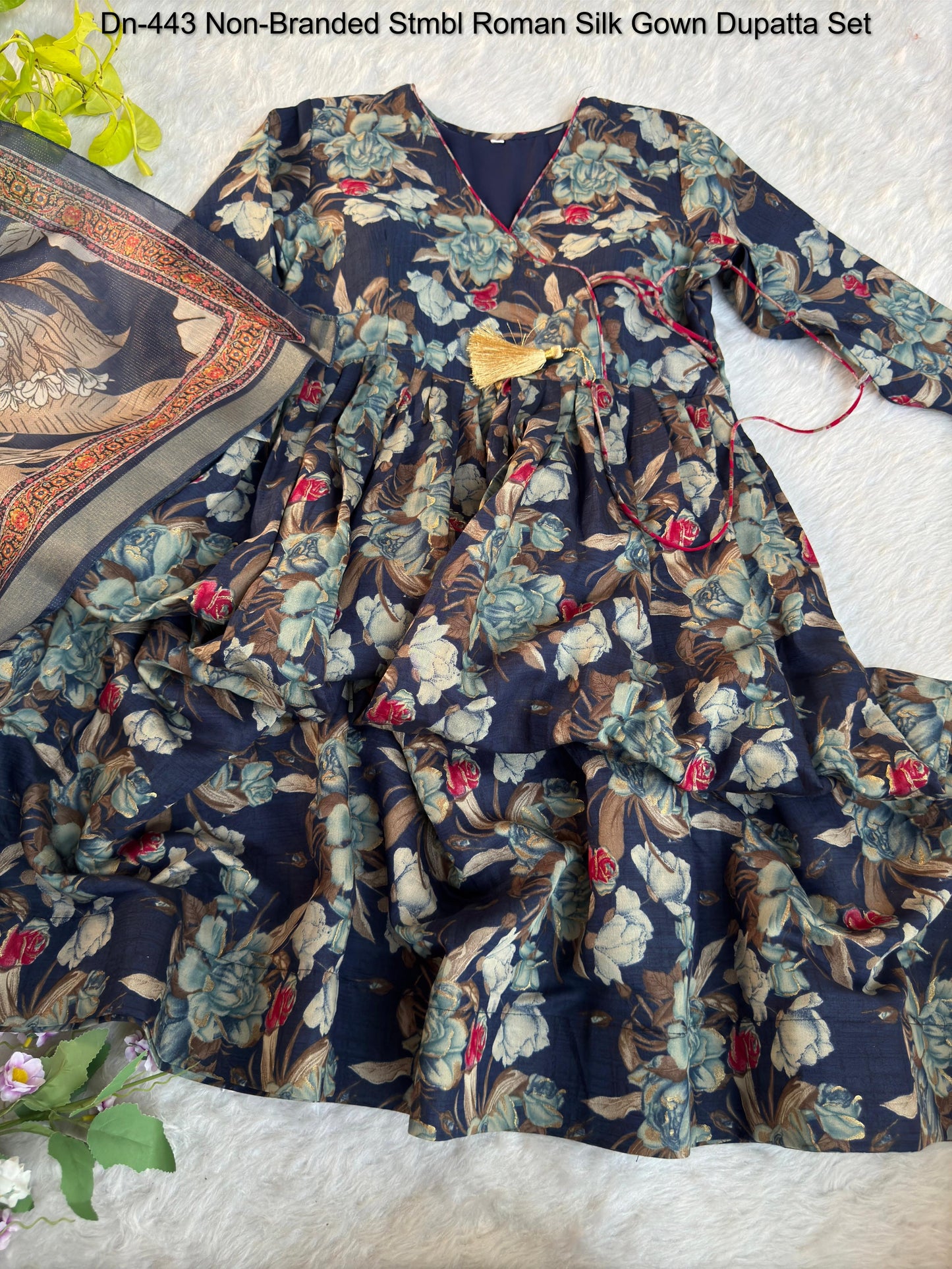 Dn-443 Non-Branded Stmbl Roman Silk Gown Dupatta Set