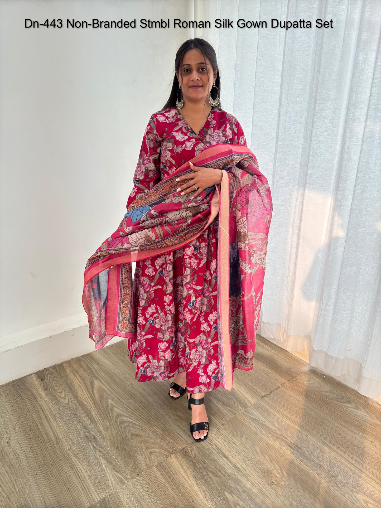 Dn-443 Non-Branded Stmbl Roman Silk Gown Dupatta Set