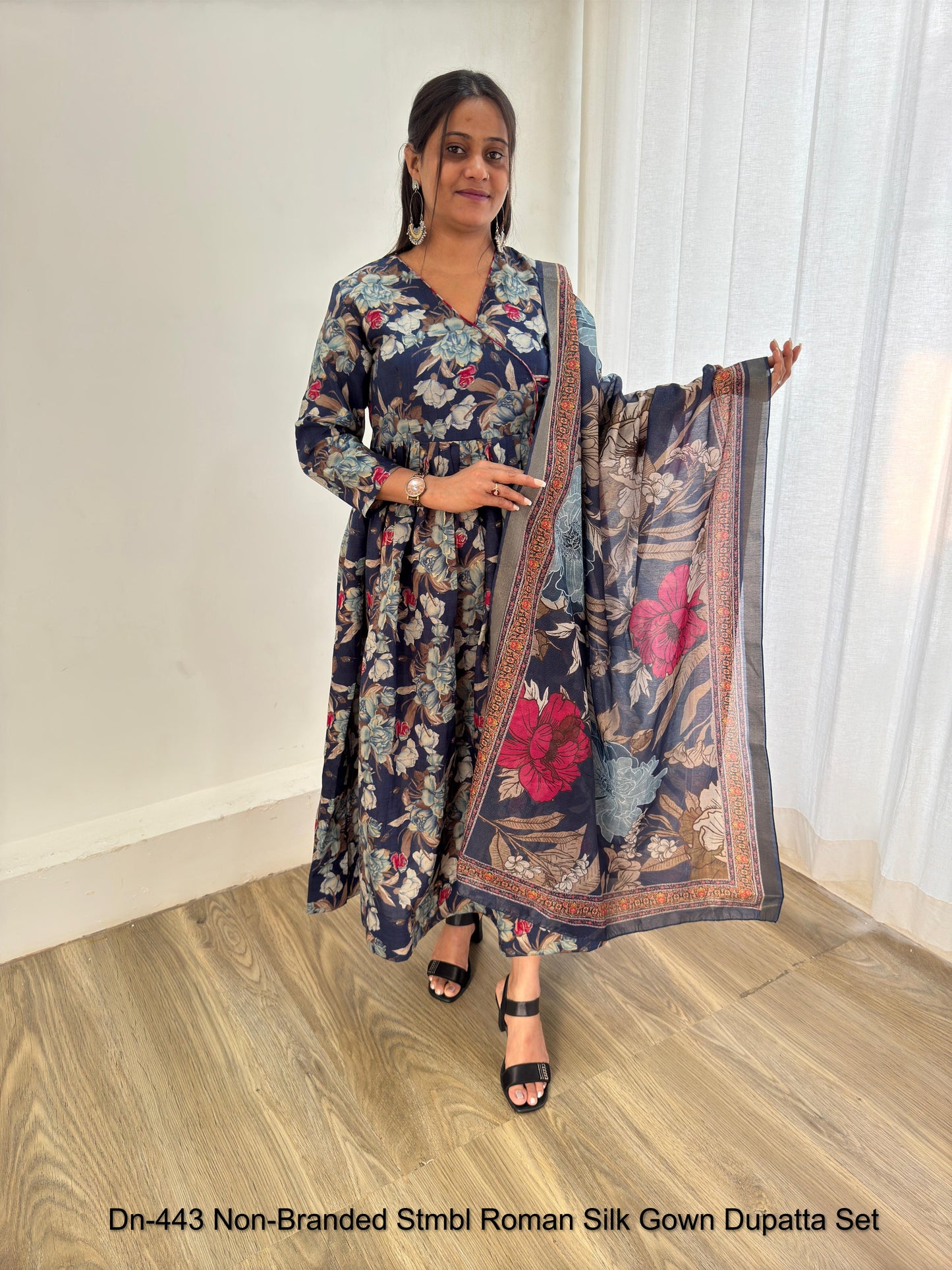 Dn-443 Non-Branded Stmbl Roman Silk Gown Dupatta Set