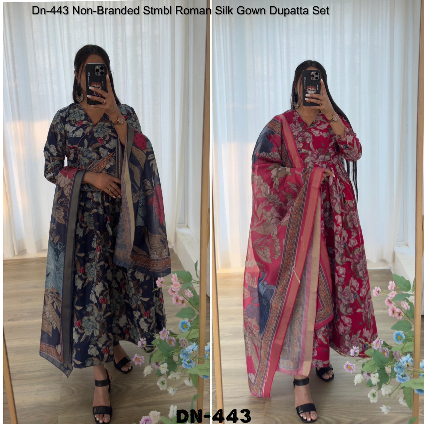 Dn-443 Non-Branded Stmbl Roman Silk Gown Dupatta Set