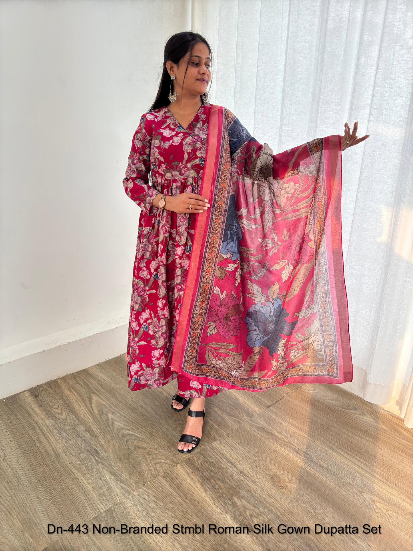 Dn-443 Non-Branded Stmbl Roman Silk Gown Dupatta Set