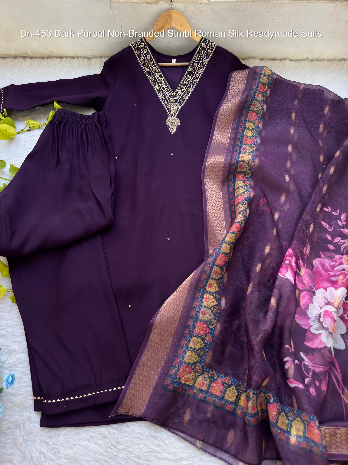 Dn-453 Dark Purpal Non-Branded Stmbl Roman Silk Readymade Suits