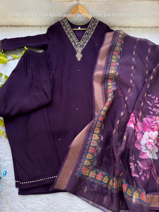 Dn-453 Dark Purpal Non-Branded Stmbl Roman Silk Readymade Suits