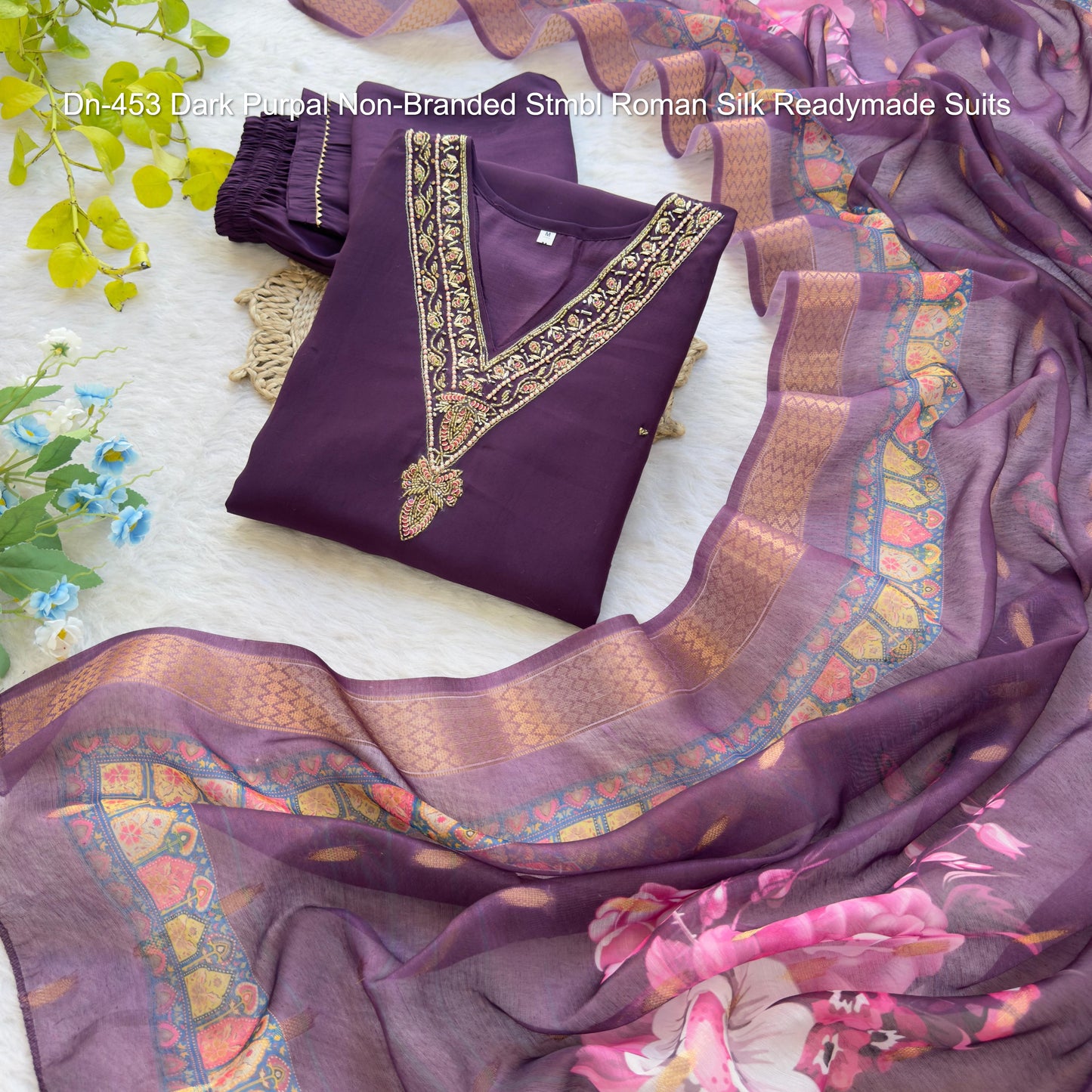 Dn-453 Dark Purpal Non-Branded Stmbl Roman Silk Readymade Suits