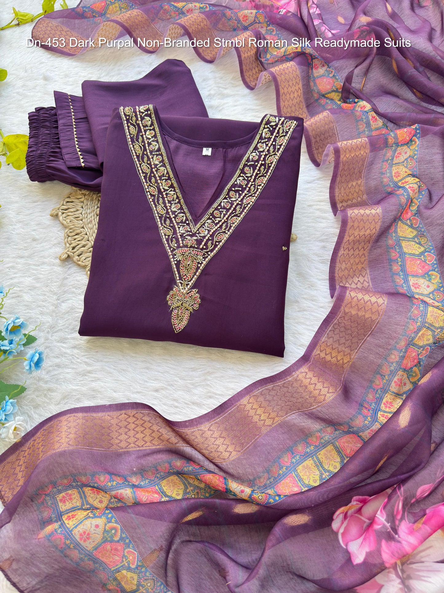 Dn-453 Dark Purpal Non-Branded Stmbl Roman Silk Readymade Suits