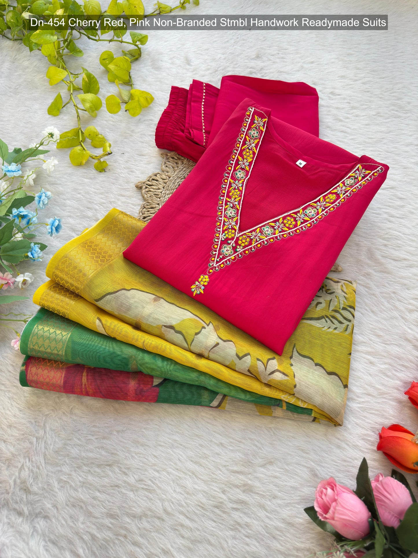 Dn-454 Cherry Red, Pink Non-Branded Stmbl Handwork Readymade Suits