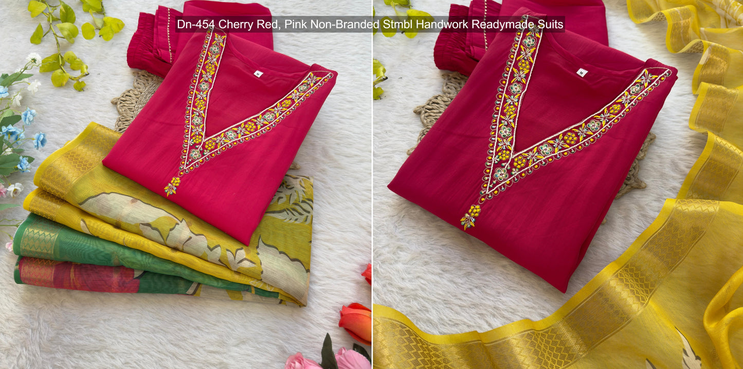 Dn-454 Cherry Red, Pink Non-Branded Stmbl Handwork Readymade Suits