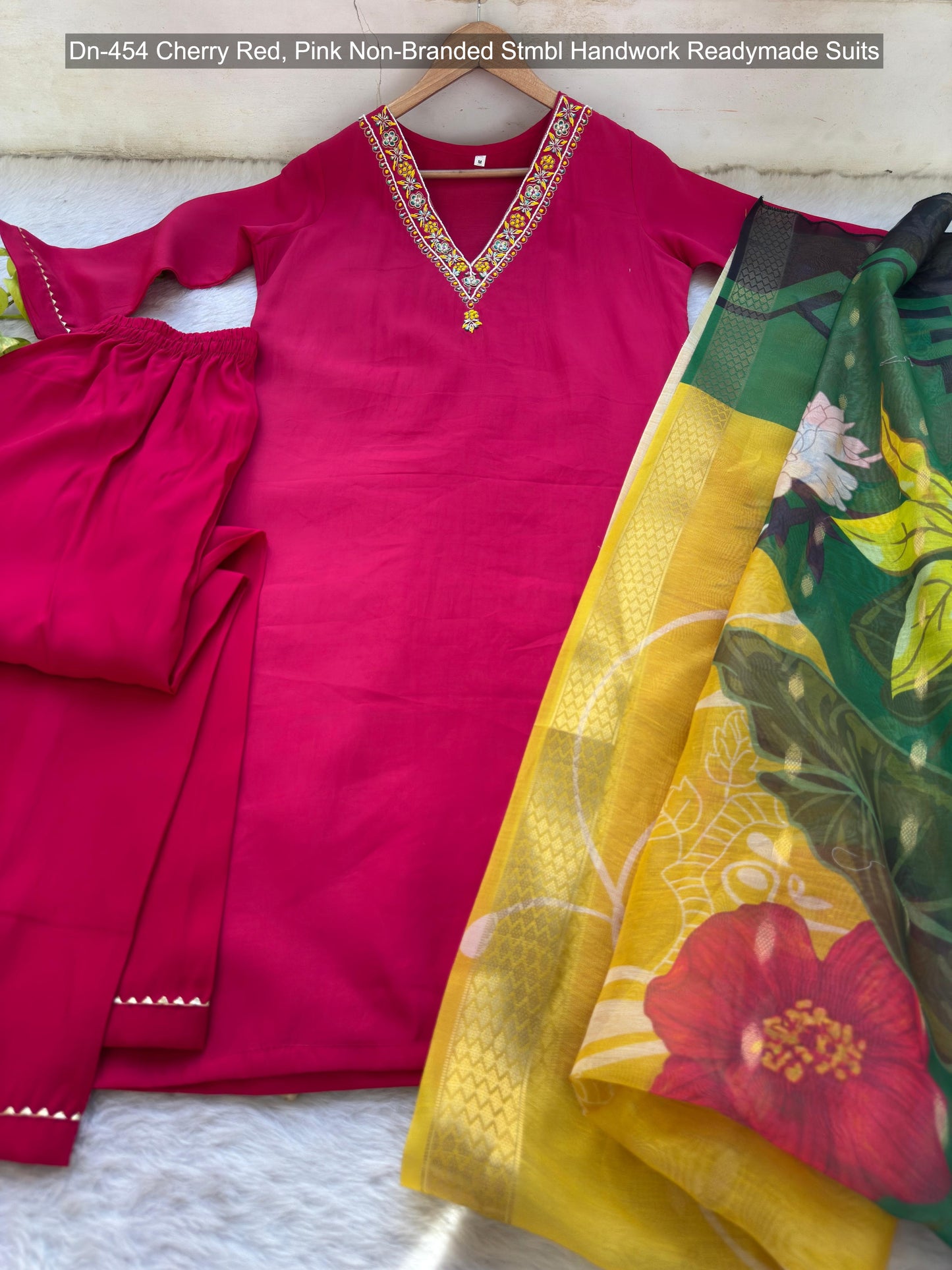 Dn-454 Cherry Red, Pink Non-Branded Stmbl Handwork Readymade Suits