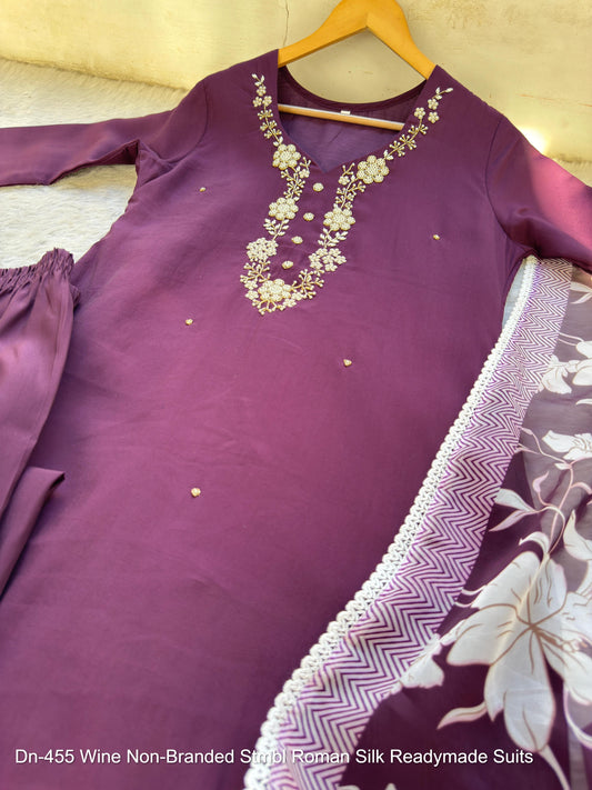 Dn-455 Wine Non-Branded Stmbl Roman Silk Readymade Suits