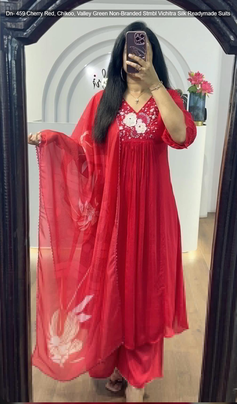 Dn- 459 Cherry Red, Chikoo, Valley Green Non-Branded Stmbl Vichitra Silk Readymade Suits