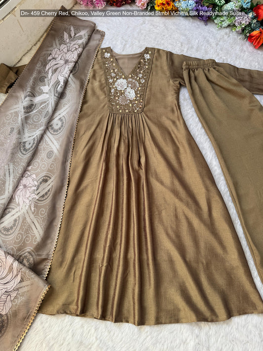 Dn- 459 Cherry Red, Chikoo, Valley Green Non-Branded Stmbl Vichitra Silk Readymade Suits