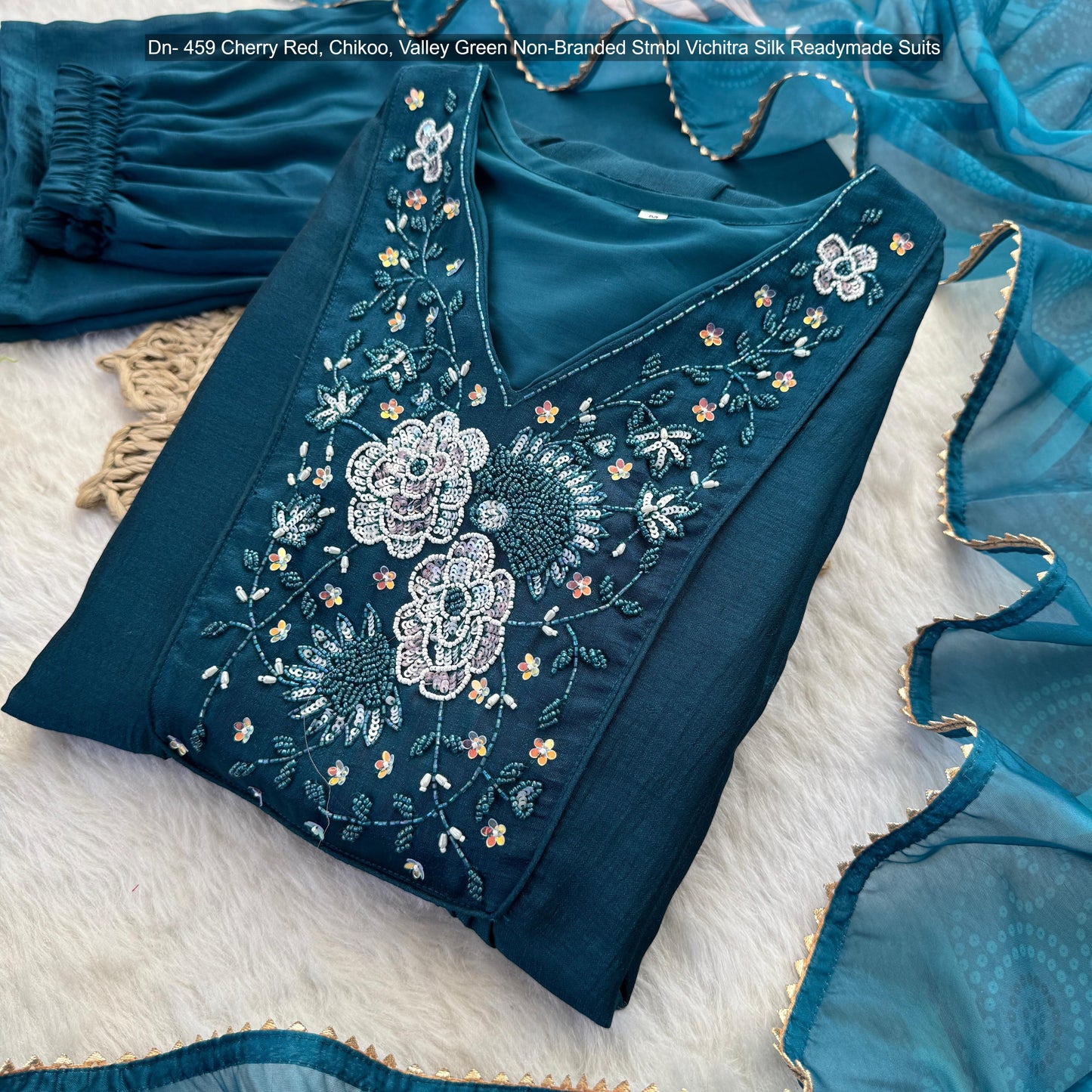 Dn- 459 Cherry Red, Chikoo, Valley Green Non-Branded Stmbl Vichitra Silk Readymade Suits