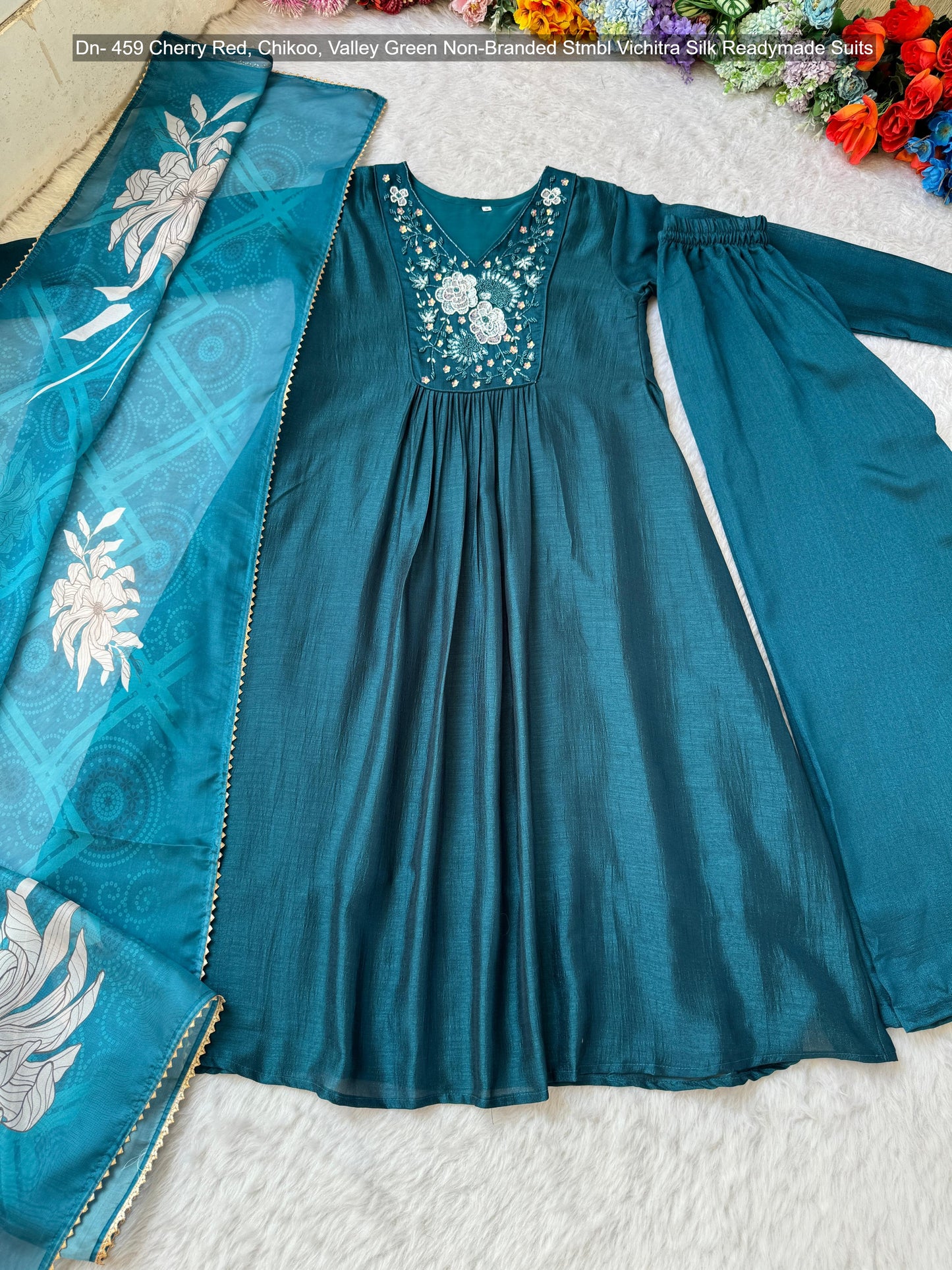 Dn- 459 Cherry Red, Chikoo, Valley Green Non-Branded Stmbl Vichitra Silk Readymade Suits