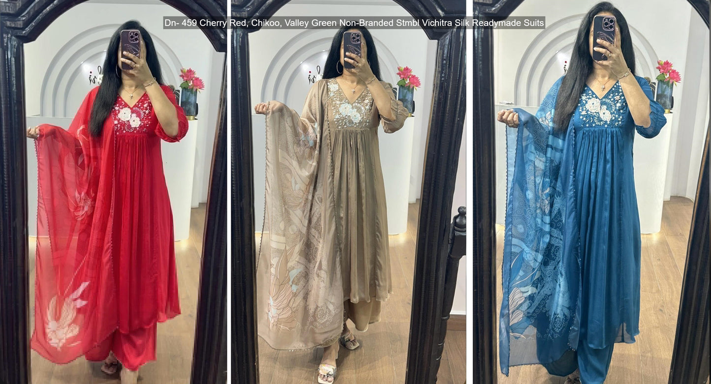 Dn- 459 Cherry Red, Chikoo, Valley Green Non-Branded Stmbl Vichitra Silk Readymade Suits