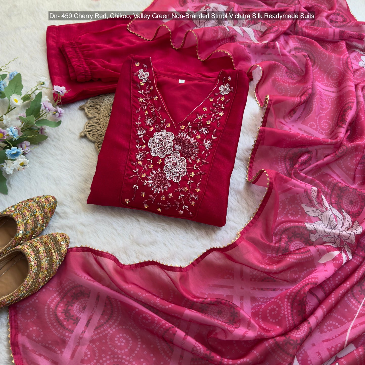 Dn- 459 Cherry Red, Chikoo, Valley Green Non-Branded Stmbl Vichitra Silk Readymade Suits