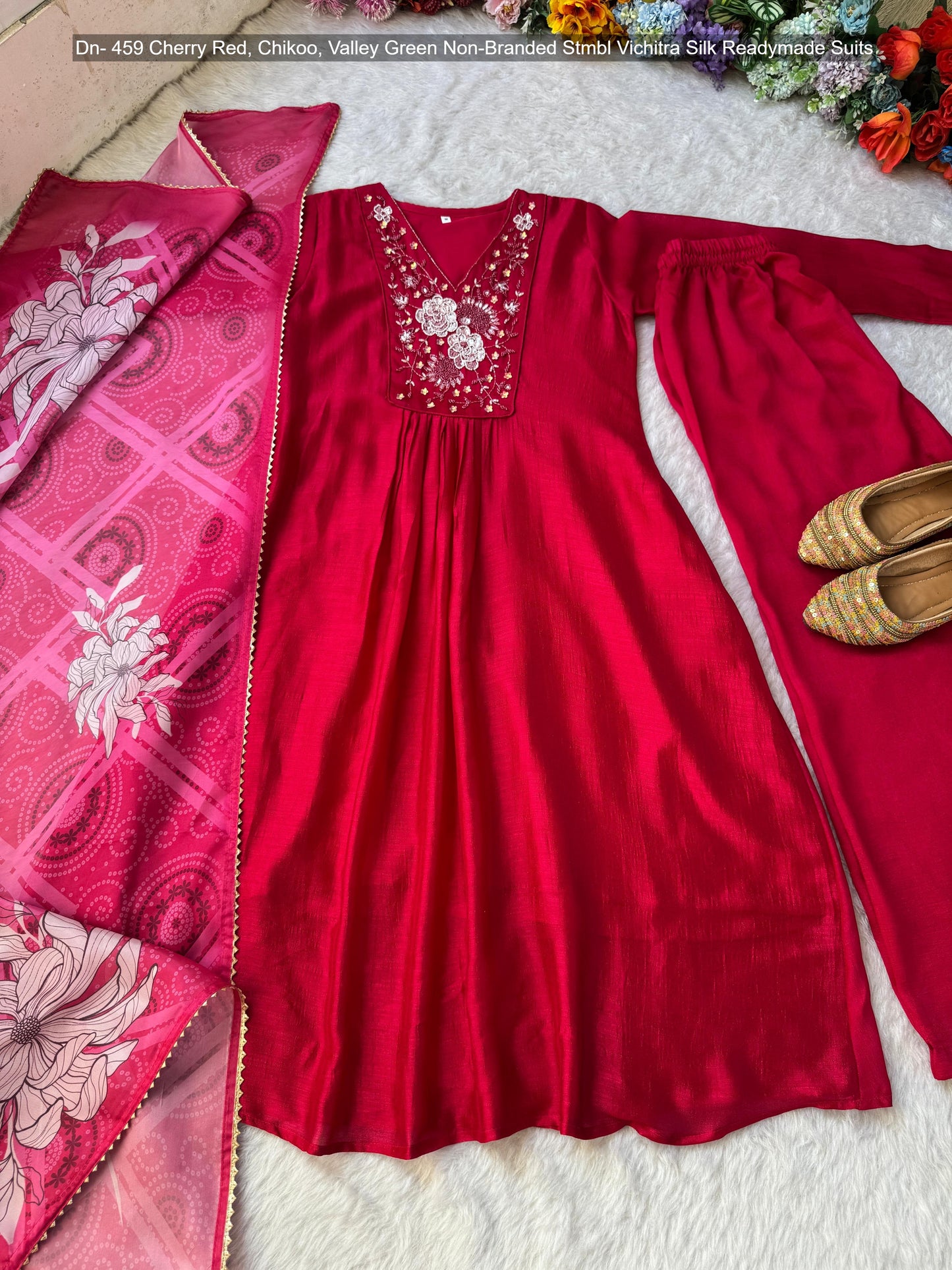 Dn- 459 Cherry Red, Chikoo, Valley Green Non-Branded Stmbl Vichitra Silk Readymade Suits