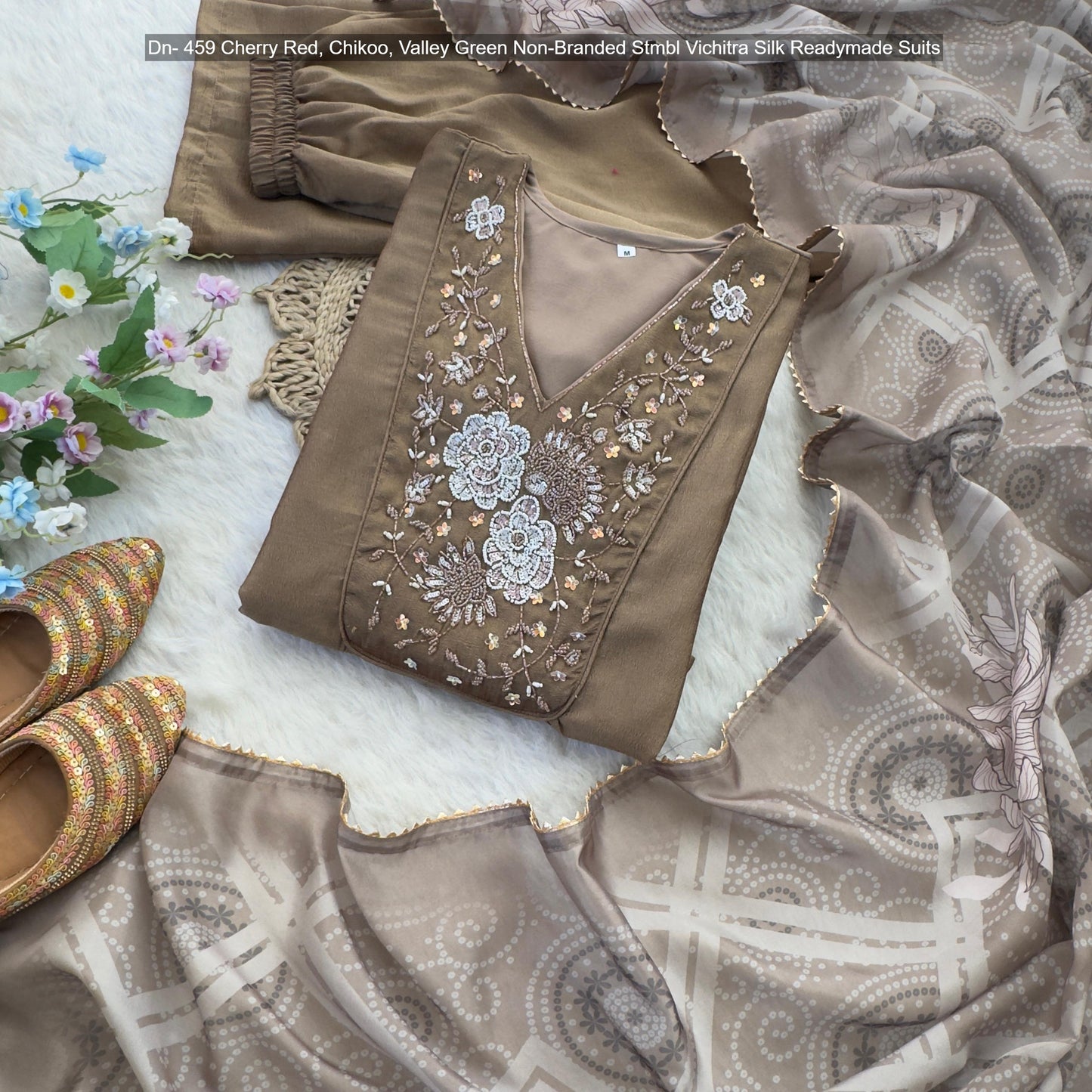 Dn- 459 Cherry Red, Chikoo, Valley Green Non-Branded Stmbl Vichitra Silk Readymade Suits