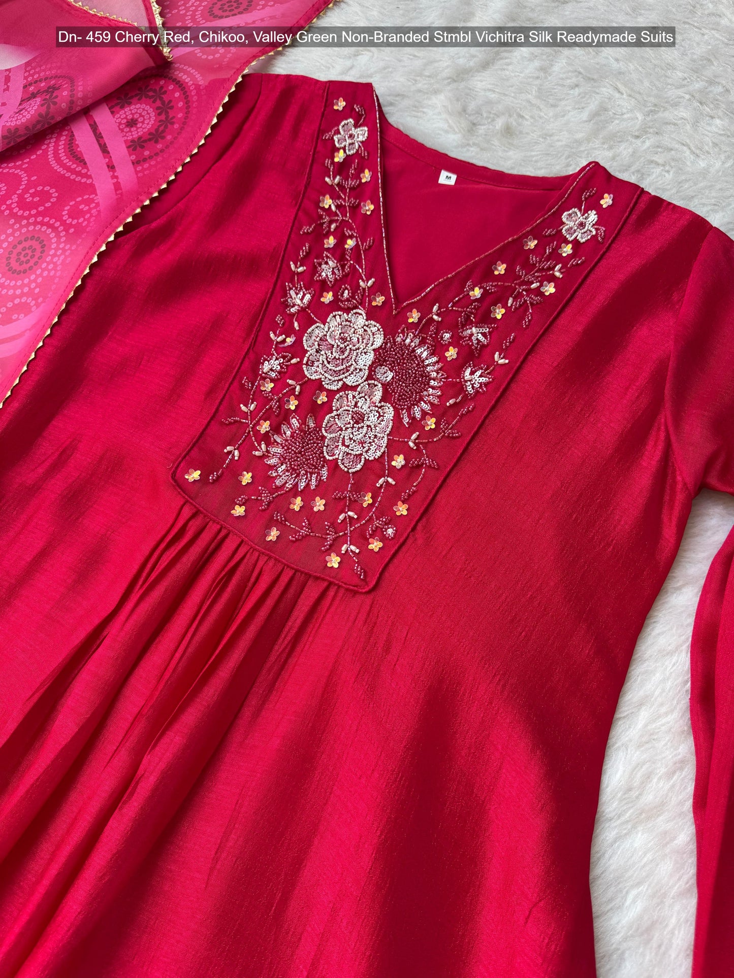 Dn- 459 Cherry Red, Chikoo, Valley Green Non-Branded Stmbl Vichitra Silk Readymade Suits