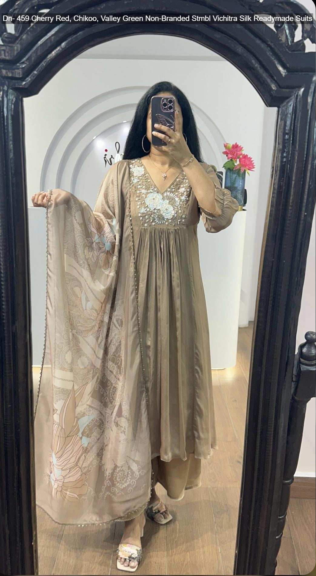 Dn- 459 Cherry Red, Chikoo, Valley Green Non-Branded Stmbl Vichitra Silk Readymade Suits