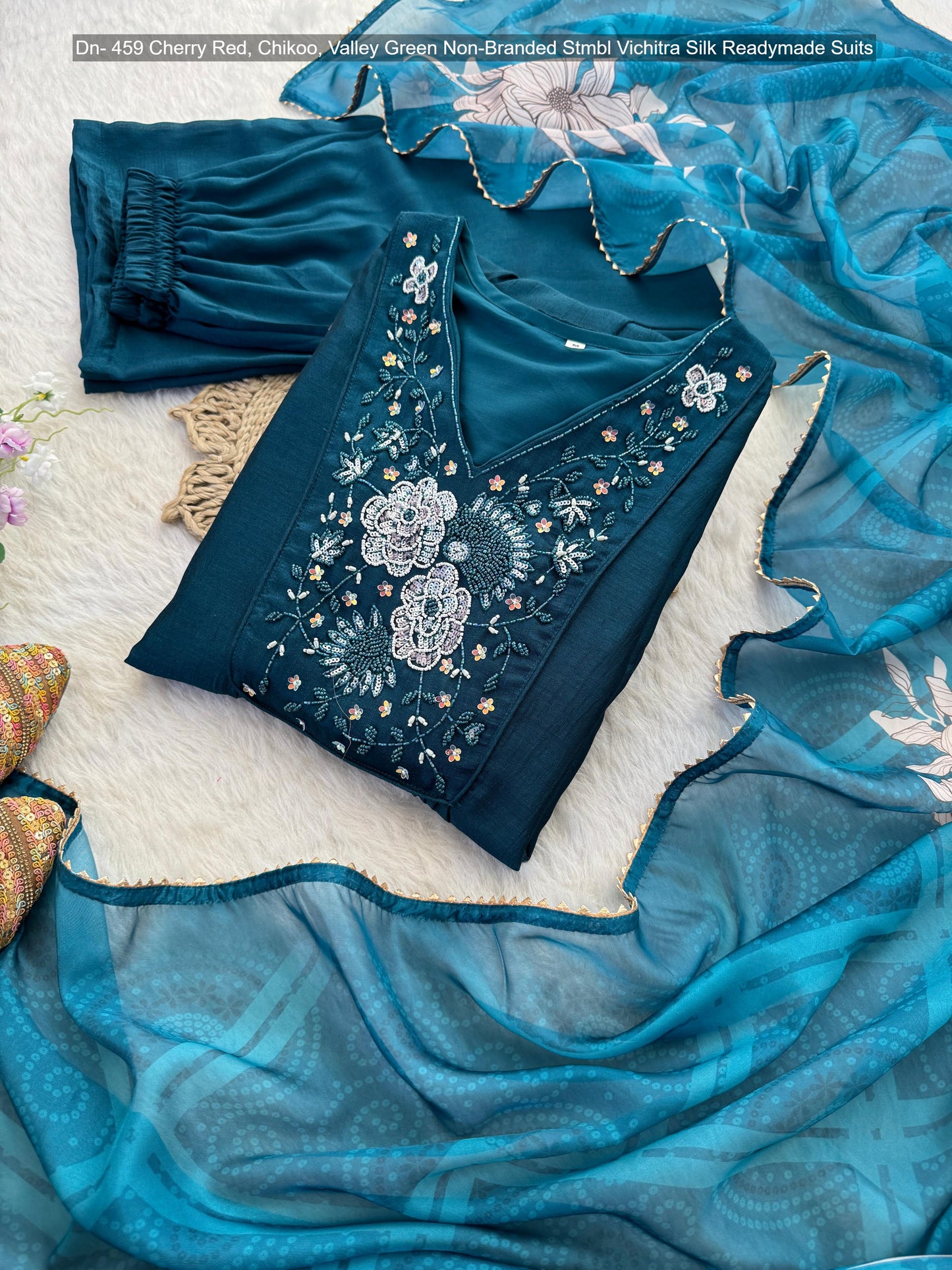 Dn- 459 Cherry Red, Chikoo, Valley Green Non-Branded Stmbl Vichitra Silk Readymade Suits