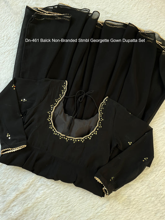 Dn-461 Balck Non-Branded Stmbl Georgette Gown Dupatta Set