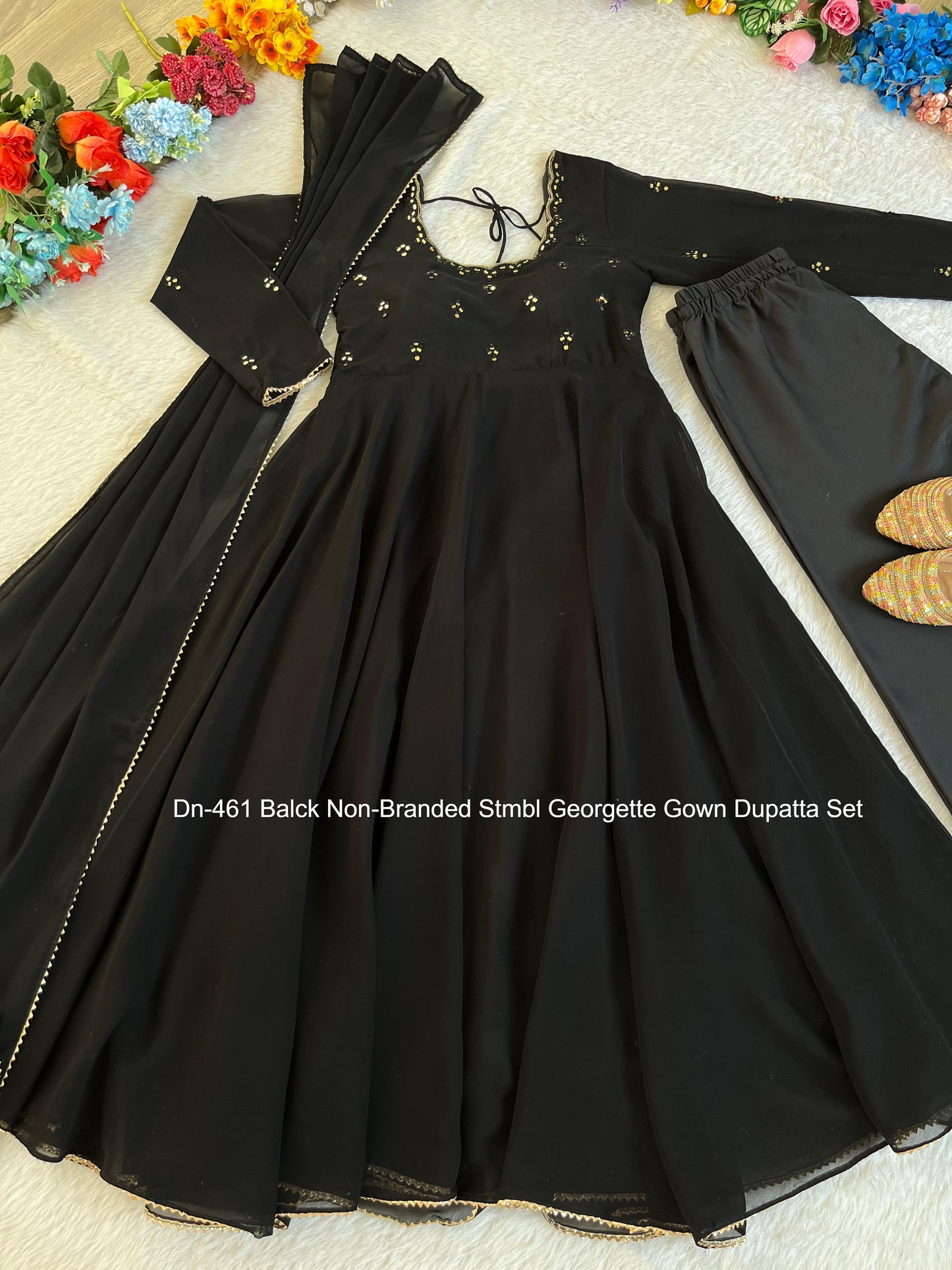 Dn-461 Balck Non-Branded Stmbl Georgette Gown Dupatta Set