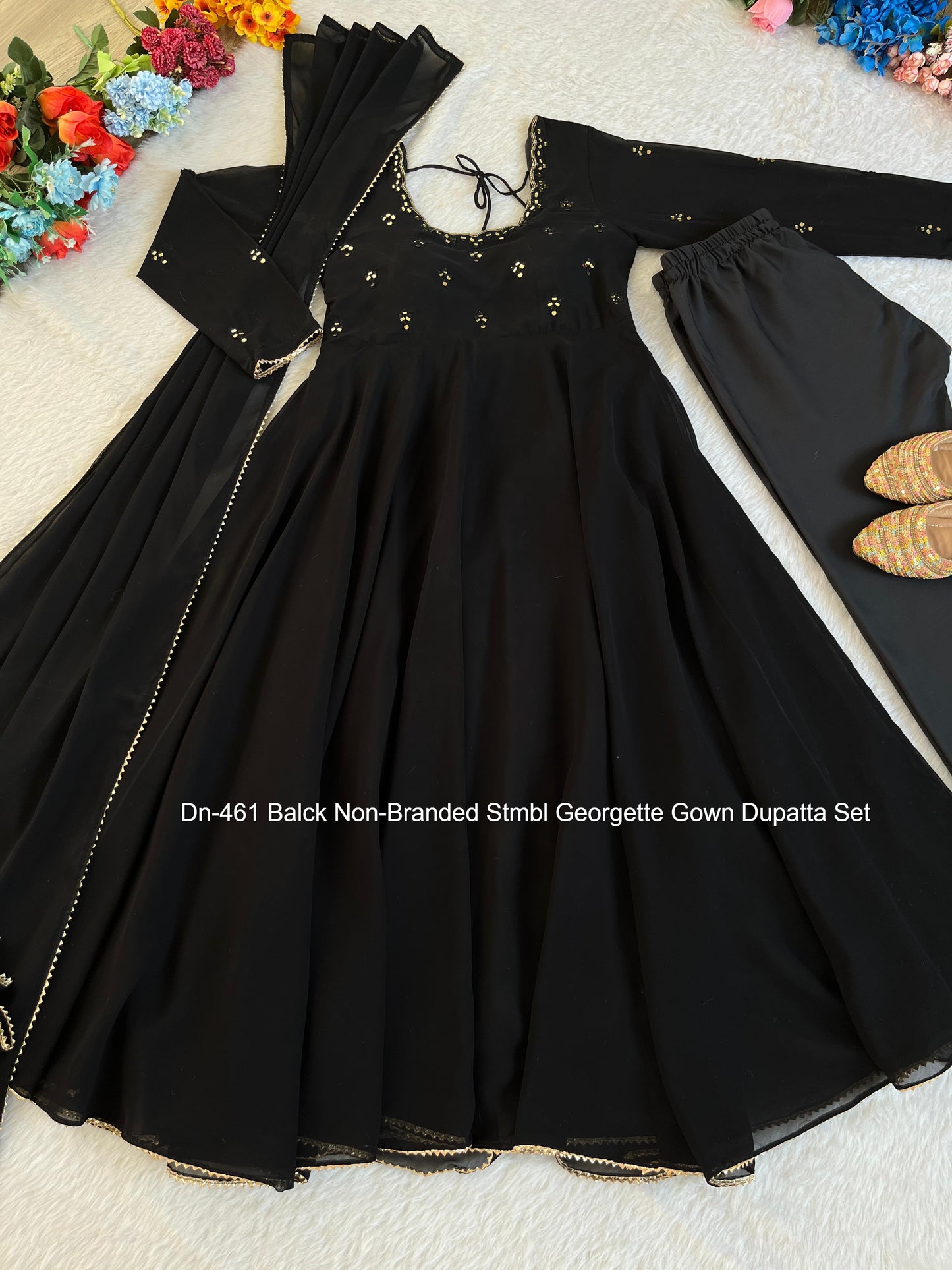 Dn-461 Balck Non-Branded Stmbl Georgette Gown Dupatta Set