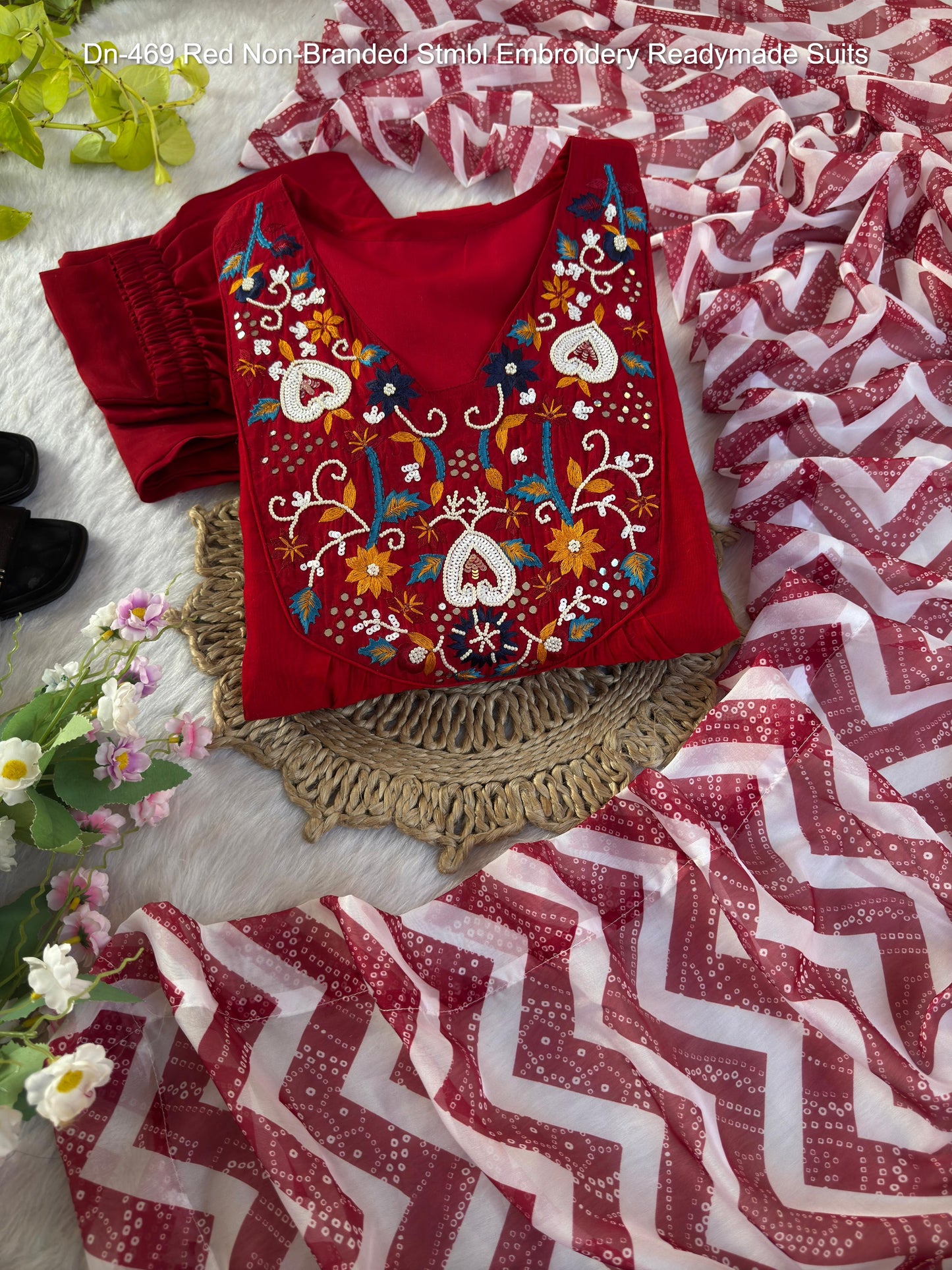 Dn-469 Red Non-Branded Stmbl Embroidery Readymade Suits