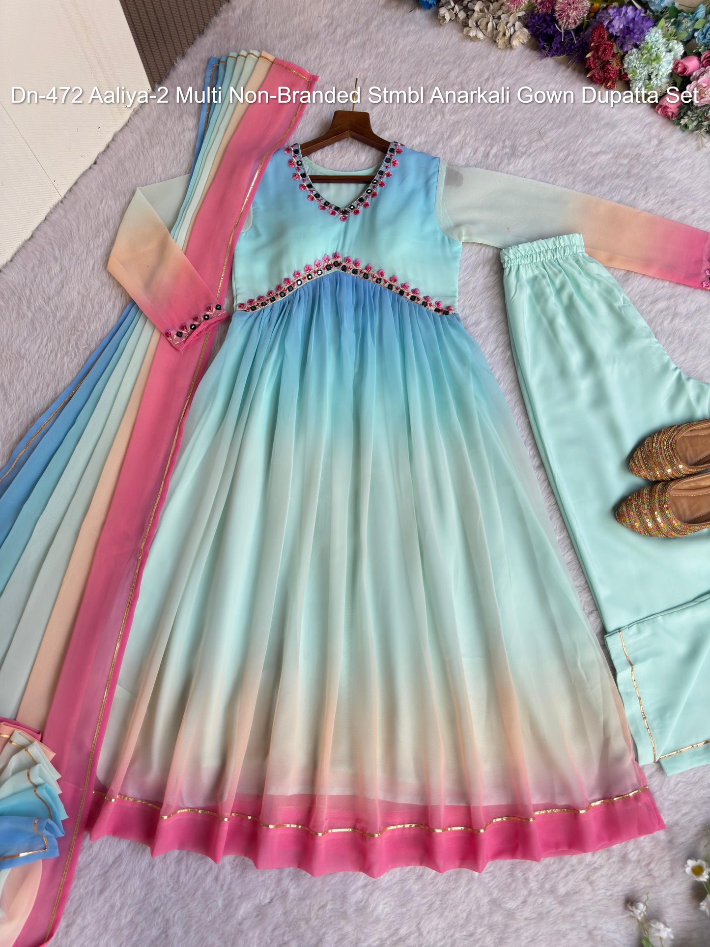 Dn-472 Aaliya-2 Multi Non-Branded Stmbl Anarkali Gown Dupatta Set