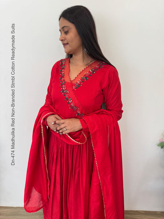 Dn-474 Madhulika Red Non-Branded Stmbl Cotton Readymade Suits