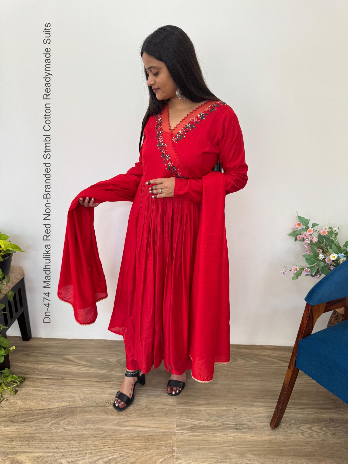 Dn-474 Madhulika Red Non-Branded Stmbl Cotton Readymade Suits