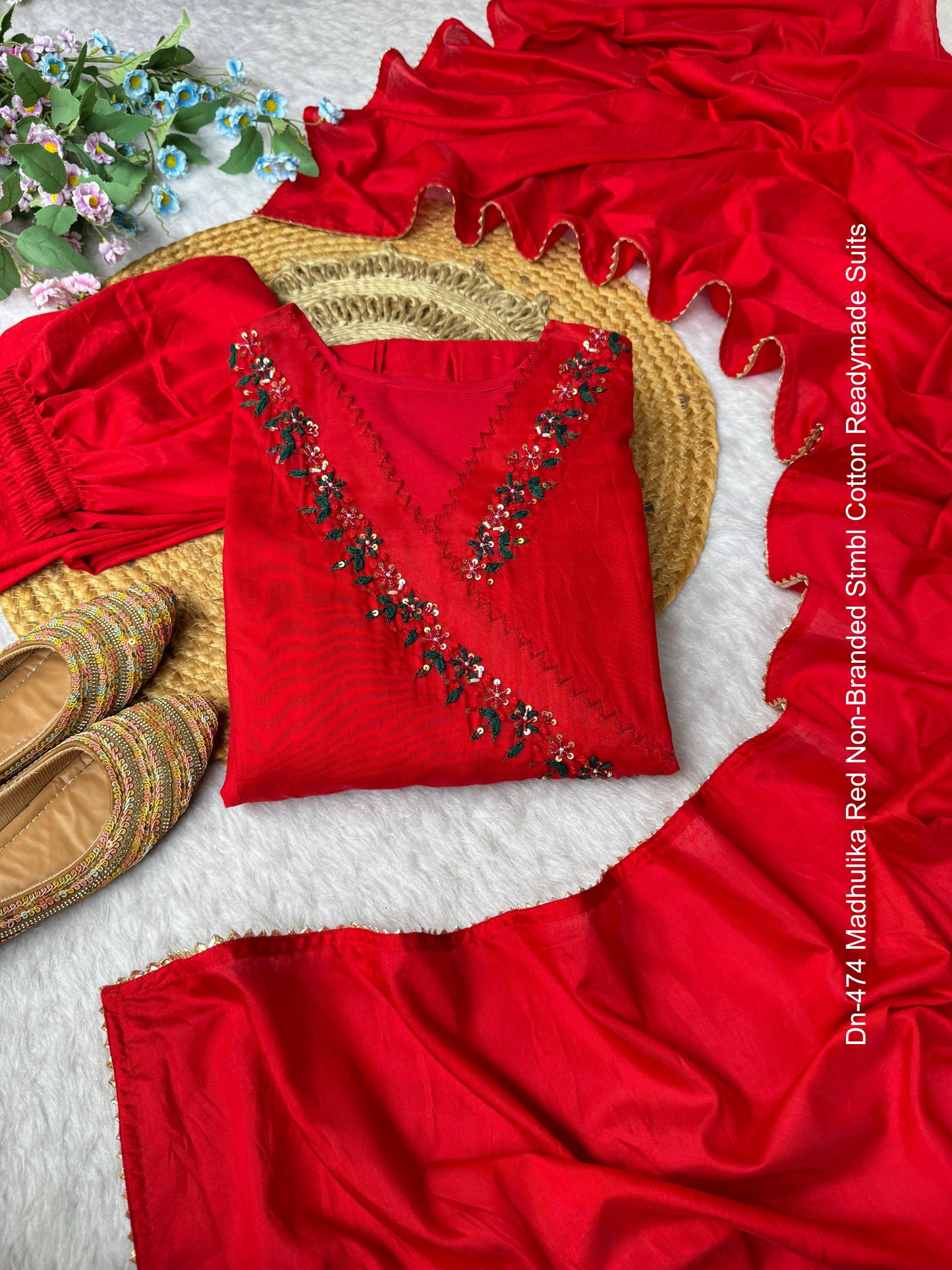 Dn-474 Madhulika Red Non-Branded Stmbl Cotton Readymade Suits