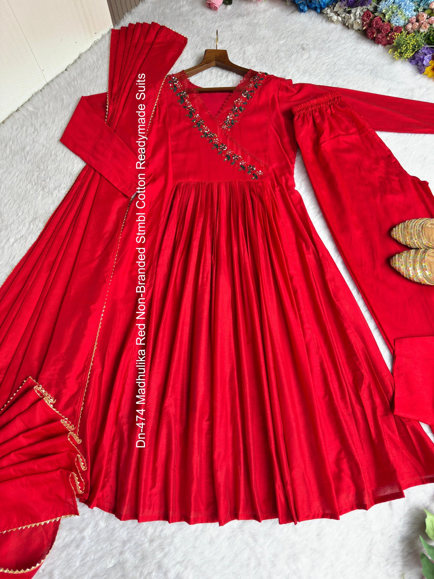 Dn-474 Madhulika Red Non-Branded Stmbl Cotton Readymade Suits
