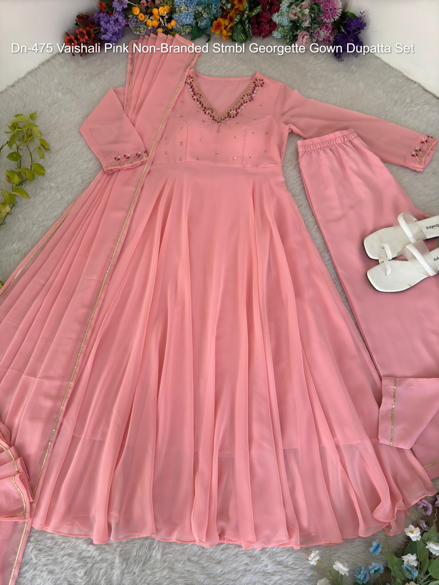 Dn-475 Vaishali Pink Non-Branded Stmbl Georgette Gown Dupatta Set