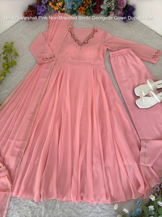 Dn-475 Vaishali Pink Non-Branded Stmbl Georgette Gown Dupatta Set