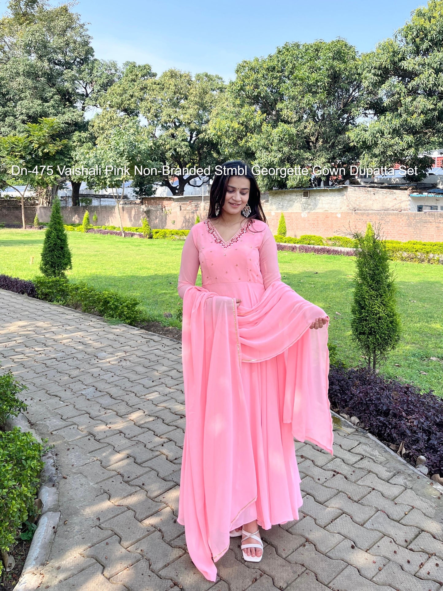 Dn-475 Vaishali Pink Non-Branded Stmbl Georgette Gown Dupatta Set
