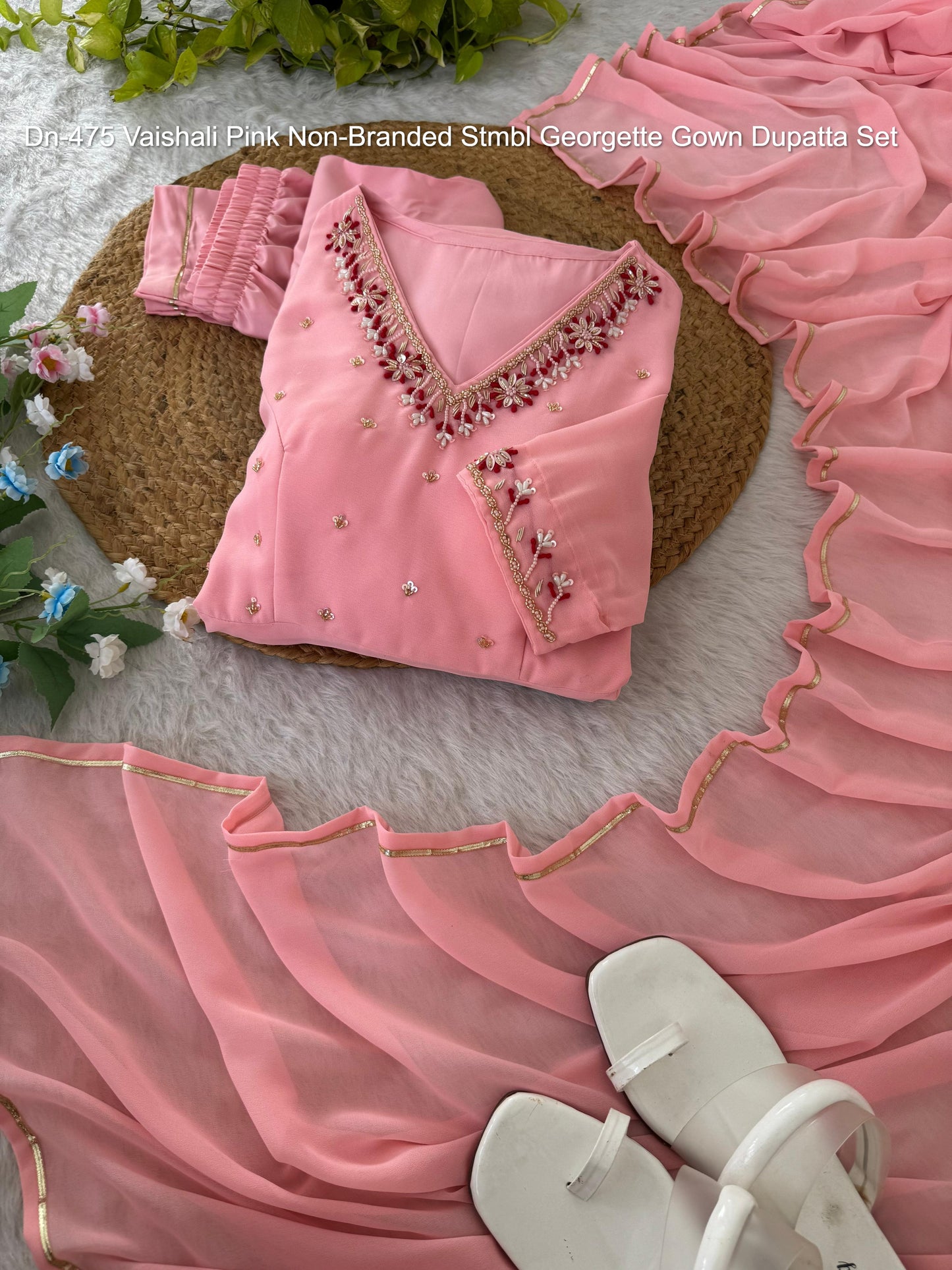 Dn-475 Vaishali Pink Non-Branded Stmbl Georgette Gown Dupatta Set
