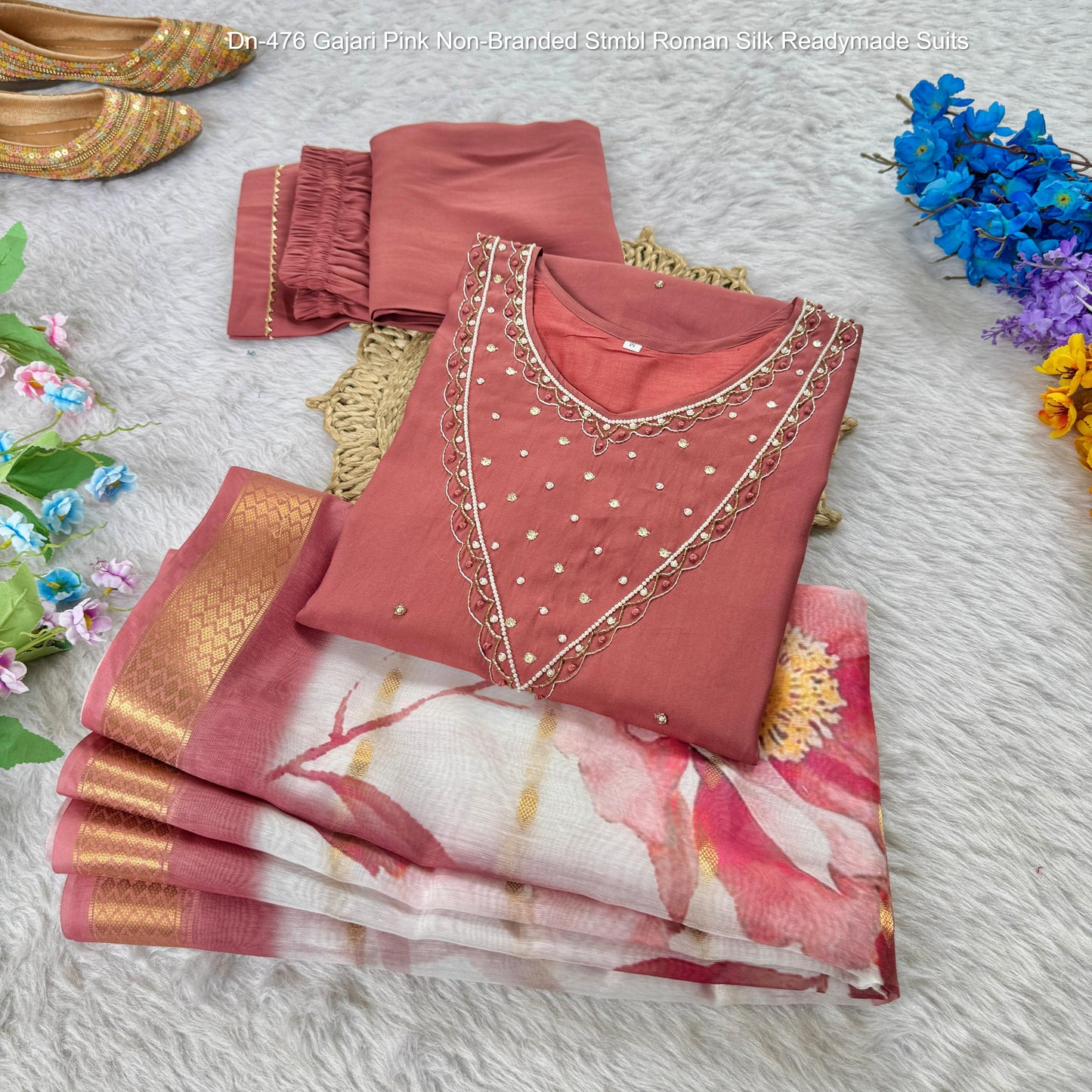 Dn-476 Gajari Pink Non-Branded Stmbl Roman Silk Readymade Suits